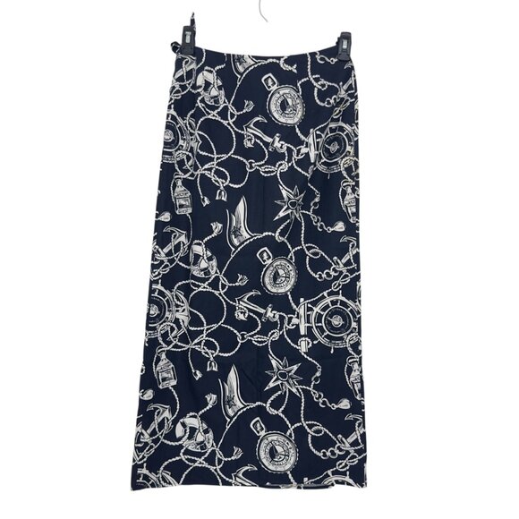 Talbots Vintage Womens Nautical Navy-White Print Wrap Midi Skirt Size 4 Tie Wais - Picture 11 of 15
